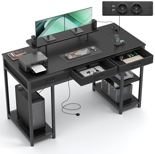 Claiks Bureau avec 3 Tiroirs 140 x 60 cm Bureau d'ordinateur avec 2 Prises de Charge USB et 2 Prises de Courant, Bureau avec Support pour écran et Fonctionnalité de Rangement, Noir