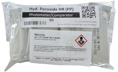 Hydrogen Peroxide HR Wassertest-Reagenzien Pulverkissen für PoolLab 2.0 – Reagenz zur Messung von Wasserstoffperoxid (0,0–180 mg/l (ppm)) – Haltbarkeit: 2 Jahre – 50 Pulverkissen (PPPHPR50)