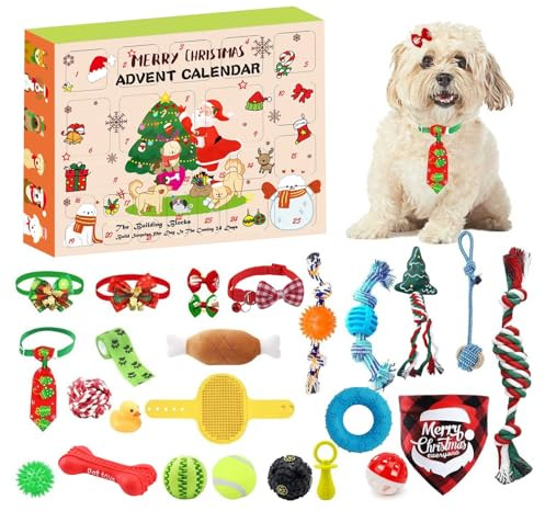 Adventskalender für Hunde, Weihnachtsspielzeug für Hunde, Kauspielzeug, Seile, Beißkugeln, Knotenhalsbänder, 24 Tage Countdown, Spielzeug für Welpen und Hunde