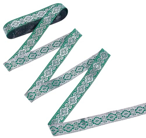 MAYJOYDIY 7 m Grünes Florales Boho Jacquardband 20 mm Vintage Ethno Jacquardband Silbrig Bestickte Corolla Gurtbandbesatz Für Selbstgemachte Kleidung Taschen Nähdekorationen Geschenkverpackungen