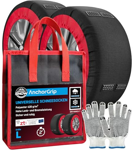 Textile Schneeketten für Autos EN 16662-1-zertifiziert Größe L - DriveOnSnow AnchorGrip mit Noppen für überlegene Traktion Stabilität schnelle Montage 2 Min sicher auf Schnee und Eis bis zu 40 km/h