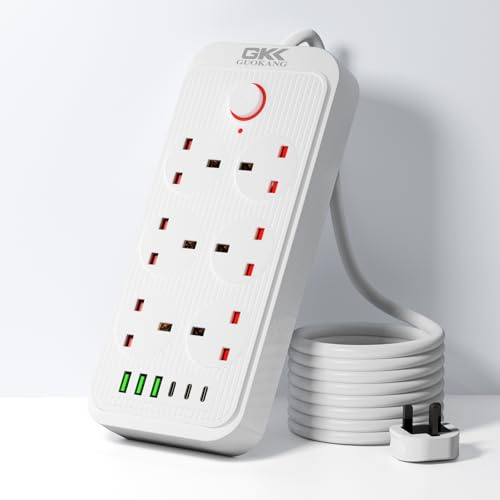 Power Strip 6 AC UK Plug Extension Lead with 3 USB-C Ports Socket outlets | 1.8m cable, Multi UK plug , 3USB-A & 3USB-C 5V 2.1A , 10A 2500W , ideal for home/office/kitchen/Gaming room