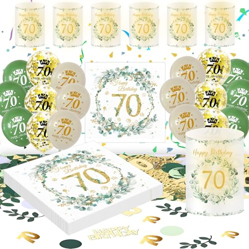Deko 70. Geburtstag Frau Mann, Eukalyptus 70th Happy Birthday Decorations Servietten+Windlicht Tischdeko+Konfetti+Luftballon Grüne Gold, Tischdeko 70 Geburtstag Deko Männer Frauen (70th Birthday)