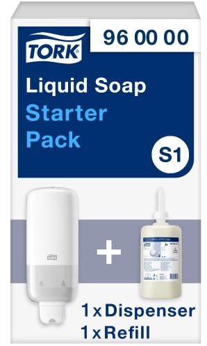 Tork Starter Pack mit Flüssig- und Sprayseifen Seifenspender Wandmontage Weiß S1/S11, sparsam, Seifenspender Wandmontage und 1 נNachfüllpackung mit 1.000 ml milder Flüssigseife, 960000