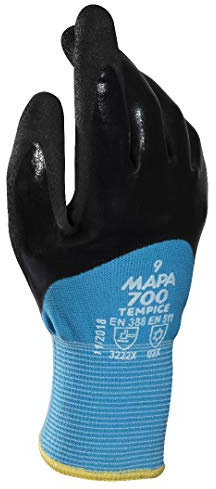 Temp-Ice 700418 700 Gloves, Double Thermal Lined 3/4 Coated Nitrile Grip and Proof Coating, Cold Protection Up to -10 Degree C, Size 8, Black/Blue (1Pair Pack)