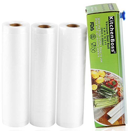 KitchenBoss Vacuum Food Sealer Rolls with Cutter-Box, 3 Rolls 20x 500cm Vacuum Sealer Bags for Food Storage and Sous Vide, BPA-Free