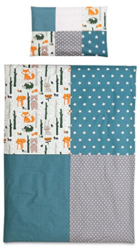 ULLENBOOM Kinderbettwäsche 100x135 cm - 100% OEKO-TEX Baumwolle - Waldtiere Petrol - Kinder Bettwäsche Set aus Kissenbezug (40x60 cm) und Deckenbezug (100x135 cm), Als Baby Bettwäsche geeignet