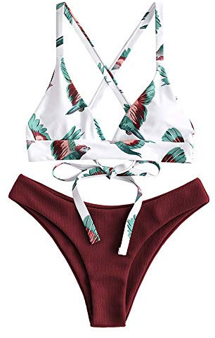 ZAFUL zweiteilig Bikini-Set mit verstellbarem BH & Rückengurt Design, Triangle Badehose mit Vögel-Gedruckt (Weinrot, L)