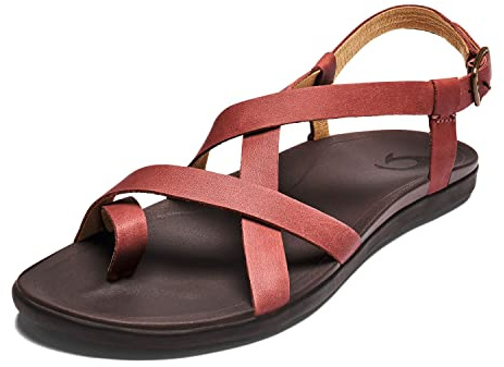 OLUKAI Upena Women's Strappy Beach Sandal, Lightweight & Durable Design, Water Resistant Slides for All-Day Comfort & Style, Cedarwood/Dark Java, 8