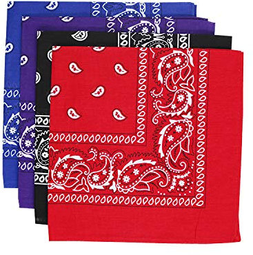 KAV Pack of 4 Multi-Purpose Bandanas - Cycling Headband, Face Mask, Neckerchief, Handkerchief for Men & Women - Hip-Hop, Sports - Black, Purple, Blue, Red
