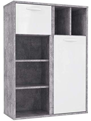 FORTE Canmore Regal mit 2 Türen, Holzwerkstoff, Betonoptik Lichtgrau / Weiß Hochglanz, 99,5 x 137,5 x 41,5 cm