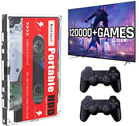 Kinhank 2T HDD Portable External Game Hard Drive Built-in 120,000+ Games, Batocera 33 System Compatible with 70+ Classic Emulators, Support for Windows/Laptop/PC/Mac, 2 Wireless Controllers
