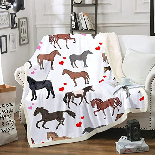 Niedliche Pferdedecke 130x150cm für Kinder Mädchen Ponys Herz Fleecedecke Ganzjahres Kuscheldecke Couch Sofa wirft Cartoon Nutztiere Sherpa Decke Pferd Fuzzy Wohndecke Atmungsaktiv Decke