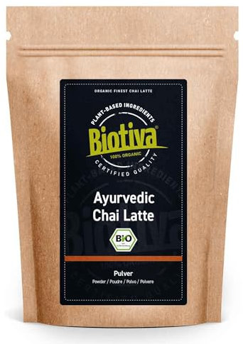 Chai Latte Pulver 100g Bio - Gewürzmischung mit Zimt Kardamom Kakao Nelken Muskatnuss und schwarzer Pfeffer - abgefüllt und kontrolliert in Deutschland - Ayurveda - ohne Zuckerzusatz - vegan - Biotiva