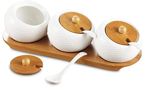 Keramik Gewürzgläser Set, 3 Stk Zuckerdose Gewürzdosen mit Bambus Deckel, Löffel und TablettSet, 170 ML Gewürzbehälter Aufbewahrungsdose für Kaffee, Zucker, Salz, Gewürze.