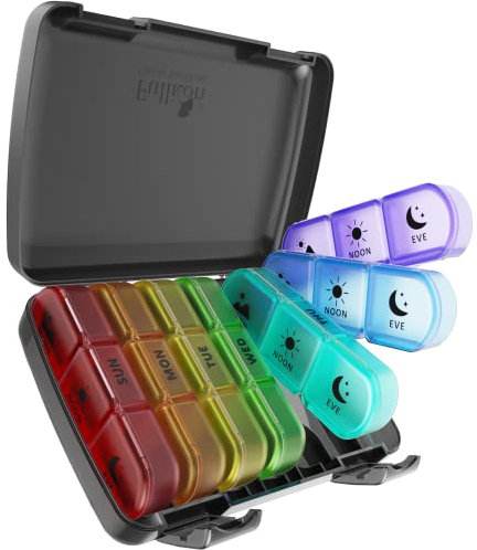 Fullicon Travel Pill Organiser 7 Day 3 Times, Weekly Pill Box Organiser with Large Compartment, Daily Medicine Storage Box for Medication, Vitamin, Supplement and Fish Oil Supplements (Rainbow)