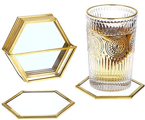 SUMTree Gold Glass Drink Coasters with Holder, 7Pcs Cup Pad Mats, Coasters for Coffee Beer Tea Wine, Washable Cup Mats, Glass Cup Coaster, Hexagon