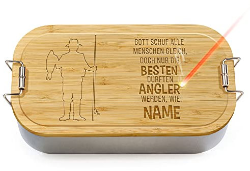 Brotdose mit Gravur selbst gestalten - Gott schuf alle Menschen - mit Name personalisieren - Geschenke für Angler, Fischer und Fans vom Angelsport - Lunchbox, Holzdeckel, BPA-frei, 600 ml