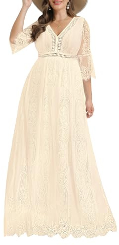 Vestido de Novia de Talla Grande, Bohemio, Vestido Largo de Encaje Formal Bohemio, Beige, 18 Plus