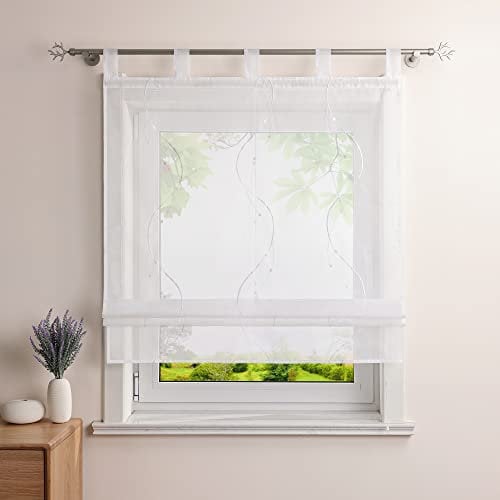Heichkell Raffrollo mit Schlaufen Voile Tranparent Vorhang Bestickt Modern Raffgardine für Küche Wohnzimmer Schlafzimmer Weiß BxH 140x140cm