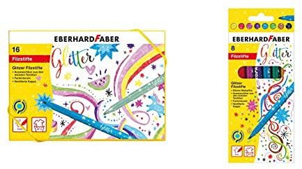 Eberhard Faber 551016 - Glitzer Filzstifte in 16 leuchtenden Farben, Minenstärke 3 mm, auswaschbar, in Hartkartonage & 551008 - Glitzer Filzstifte in 8 leuchtenden Farben, Minenstärke 3 mm