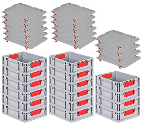 PROREGAL SuperSparSet 16x Eurobox NextGen Color mit Auflagedeckel & Schiebeschnappverschlüsse, HxBxT 12x30x40cm, 11L, Griffe rot geschlossen, Glatter Boden, Eurobehälter Transportbox Transportbehälter