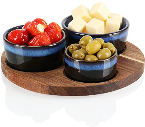 com-four® 4-teiliges Servierset - Schüsselset mit Holzbrett zum Servieren von Tapas, Mezze oder Antipasti - 3 Schälchen in 3 Größen mit Serviertablett aus Akazienholz (4-teilig blau)