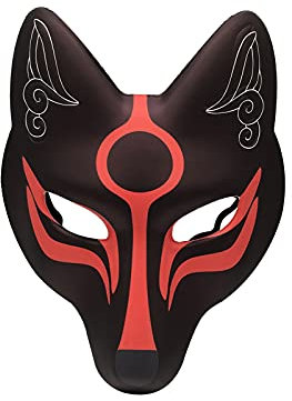 YangYong Kitsune Masque de renard pour Halloween, bal masqué, masque Kabuki en PU pour costume, Full Cover, Oreille Noire+visage Rouge+nez Noir