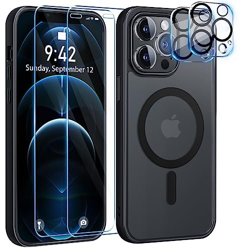 YisrLery 5-in-1 iPhone 12 Pro Hülle für Mag Safe mit 2 Stück Panzerfolie und 2 Stück Kameraschutz Militärnorm Schutz, PC Kratzresistente Rückseite Stoßfest TPU Bumper Magnetische Hülle 6,1''- Schwarz