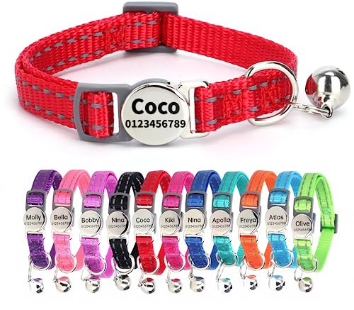 SEOUGEE Katzenhalsband Schnellverschluss mit personalisiertem Namensschild, reflektierende Kätzchenhalsbänder mit Glöckchen & Sicherheitsentriegelung, 19-30 cm verstellbar, Rot