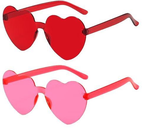 Meleager Randlose Herz Brille, Herzförmige Sonnenbrille Rosa e Rot, 2 Stück Sonnenbrillen Set Party, Vintage Herzform Brille, Hippie Brille Herz 90er, für Party, Hochzeit, Karneval, Halloween