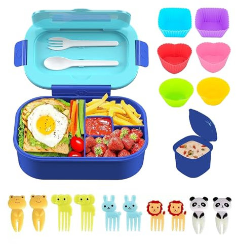 MEMOFYND 1 fiambrera infantil con 1 caja de salsa independiente, 6 tazas de silicona y 10 tenedores de fruta, caja bento a prueba de fugas, con cubiertos y 4 compartimentos, fiambrera escolar para