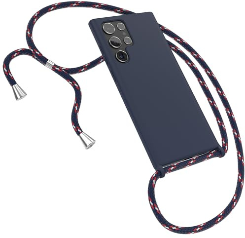 EAZY CASE - Hülle mit Kette - kompatibel mit Samsung Galaxy S22 Ultra 5G Schutzhülle Kordel zum Umhängen,Umhängen Necklace, TPU Silikon Case, Blau mit Band Navy Camouflage Verschluss Silber