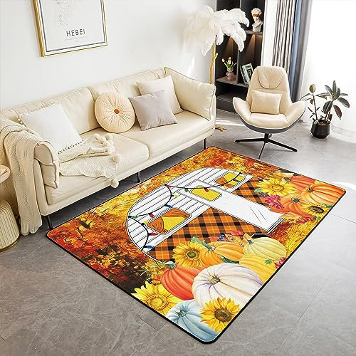 Rustikaler Camper Teppich, Thanksgiving Kürbisse Ahorn Bäume Nicht Verschütten Wohnzimmer Teppiche für Erwachsene, Outdoor Camping Countryside Akzent Teppich für Schlafzimmer 150x200