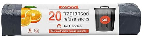 Moco Fragranced Refuse Sacks-Large Bin Bags With Tie Handles-Odour Neutralising Orange Fragrance-50L Black Bags-20 Trash Bags In One Roll (Pack of 1)