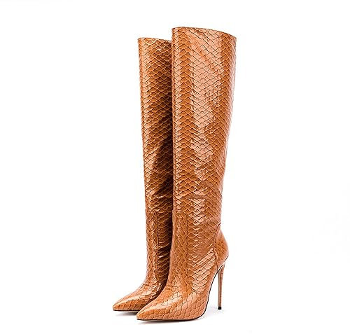 Stivali Lunghi A Punta A Spillo da Donna 12 Cm Stivali Moda con Tacco Alto Adatti per l'inverno,Marrone,42 EU