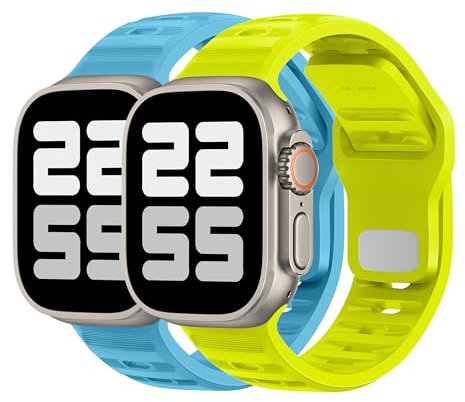ELETTRONEO UC2 Bracelet Sport pour Apple Watch Band Ultra 2 49mm, Series 10 46mm, 9 8 7 45mm 41mm, SE 6 5 4 44mm 40mm, 3 2 1 42mm 38mm Femme Homme Silicone, Bleu océan/Jaune fluorescent, 2 pièces
