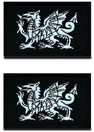 Zcketo 2 PCS United Kingdom British Union UK Wales Welsh Dragon Patch Hook and Loop Embroidered National Emblem Patch for Football Billiards Clothes Jersey Backpack Caps Travel Tactical(Black)