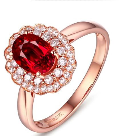 KnSam Rosegold 750 Eheringe, Lab Created Rubin 0.6ct Oval Blumen Verlobungsring 18K Gold Echte Goldschmuck, Gr.57 (18.1)