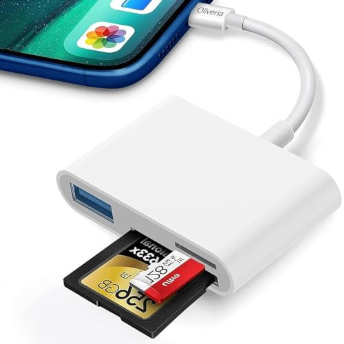 Oliveria Lector de tarjetas SD para iPhone iPad, lector de tarjetas iPhone 3 en 1, adaptador de cámara USB Adaptador lector de tarjetas SD/TF Adaptador USB OTG para iPhone, compatible con iPhone 14/13