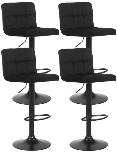CLP 4er Set Barhocker Feni Samt, höhenverstellbar mit Fußstütze, Lehne & Metallgestell, belastbar bis 150 kg, Farbe:schwarz