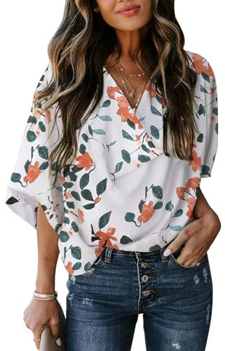 AOISAGULA Damen Bluse Elegant Drape V-Ausschnitt Oberteile 3/4 Ärmel Tops Chiffon Hemden für Sommer Business Casual Tunika Grünrot S