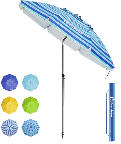 Grandekor Sonnenschirm Ø180cm winddichter Strandschirm Gartenschirm Marktschirm, Terrassenschirm mit Bodenhülse & Drehstange & Schutzhülle, Dunkel-Hellblaue und Weiße Streifen Rund Sonnenschutz UV50+
