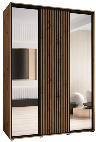 MEBLE KRYSPOL Lanko 2 Schrank mit DREI Schiebetüren mit Spiegel, Stange, Regalen - Moderner Aufbewahrungsschrank für Schlafzimmer, Wohnzimmer - 235,2x170x60 cm - Artisan Artisan Schwarz
