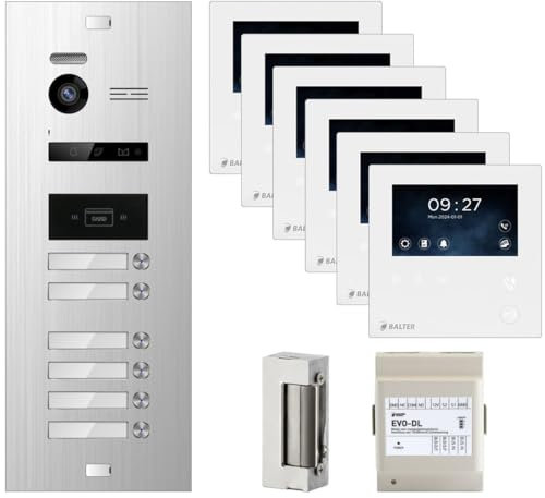 Nonic Balter EVO Silber/Weiß Video Türsprechanlage Set für 6 Familienhaus (1x Türstation, 6X 4.3 Mini Monitor, 1x Dorcas Türöffner, 1x EVO-DL Module, 2-Draht Bus, 150° Weitwinkel)