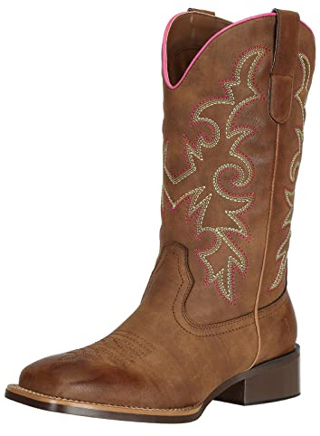 J's.o.l.e Womens Cowboy Boots Western Mid Wide Calf Square Toe Cowgirl Boots Country Riding Embroidered Brown Shoes UK Size 9