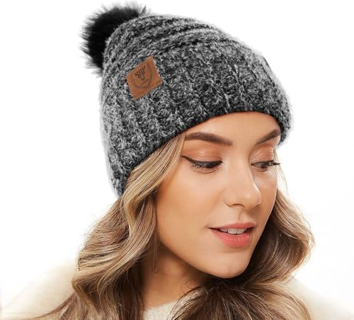 OZERO Damen Wintermütze Haube Strickmütze: Bommelmütze Thermo Fleece Gefütterte Beanie Mütze Wollmützen Mit Kunstfell Pudelmütze Winterkappe (Schwarz)