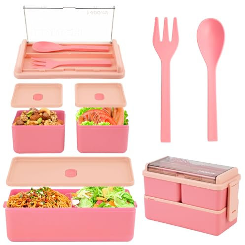 HMIEPRS 1400ml Lunch Box, Bento Lunch Box Adults Kids with 2 Layer 3 Removable Compartments and Spoon Fork, Microwave Dishwasher Safe Lunchbox for School Kindergarten Office (Pink)