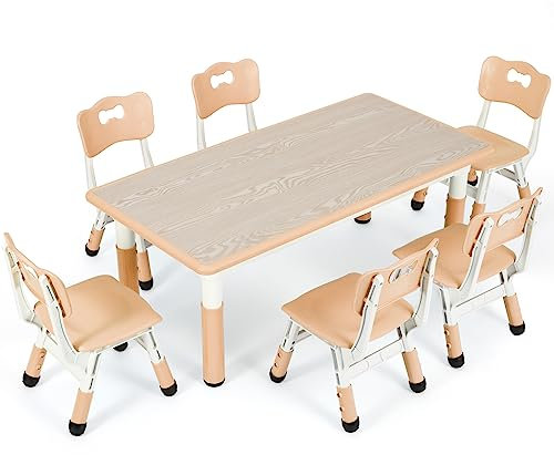 Clevich Kindertisch mit 6 Stühlen,Kinder Tisch Stuhl Set für Kindergarten und Kinderzimmer,Kindertischgruppe Höhenverstellbar,Plastik Kindermöbel,Sitzgruppe für Jungen Mädchen,Gelb