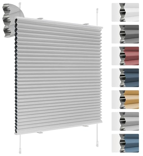 Deswell Plissee Verdunklung Klemmfix Wabenplissee B75 x H130 cm Hellgrau Thermoplissee ohne Bohren Faltrollo für Fenster & Tür, 100% Blickdicht, Sicht- & Schallschutz Wärmehaltung Verdunklungsplissee